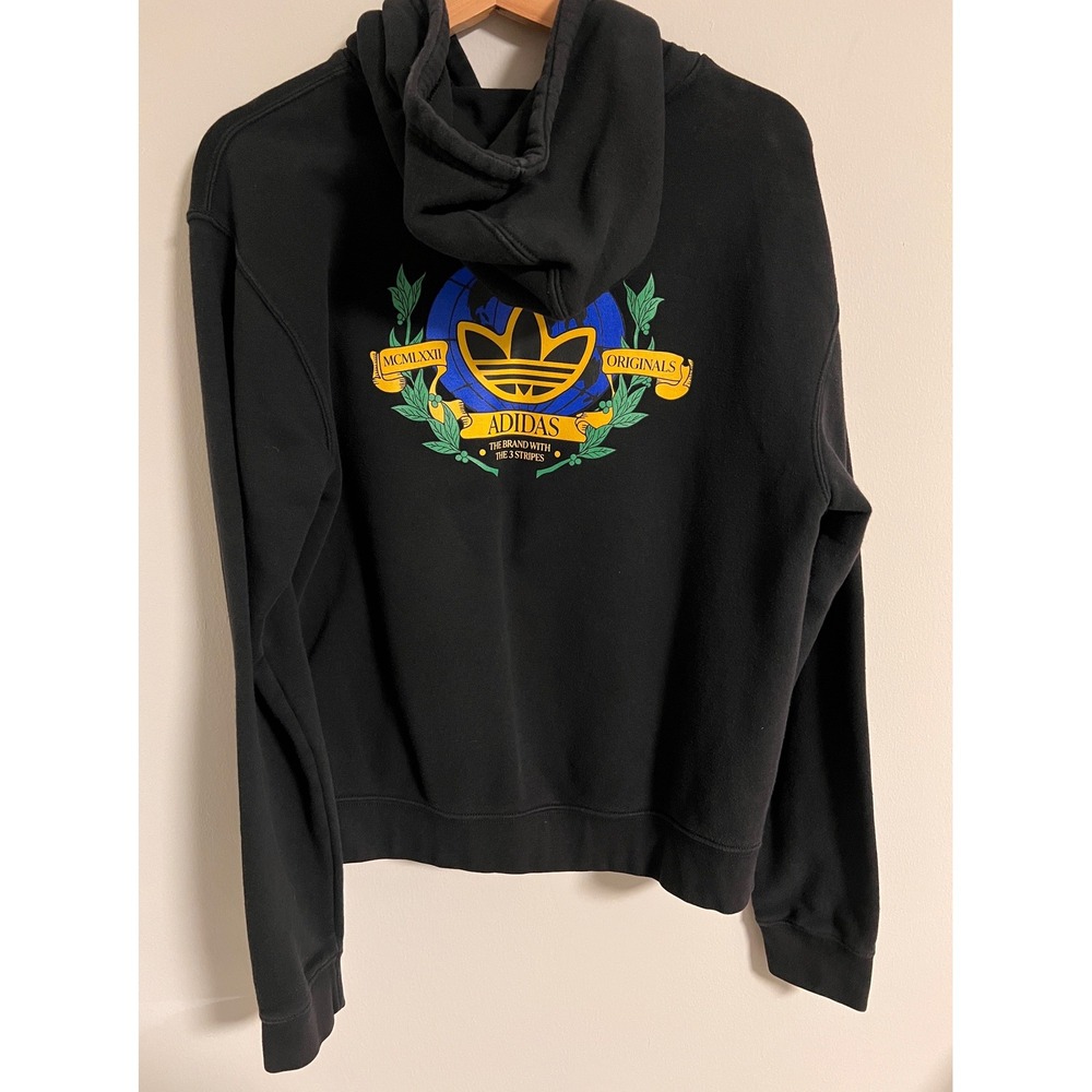 Adidas Originals Globe Graphic Hoodie Pullover Mens S Black Trefoil Crest Logo